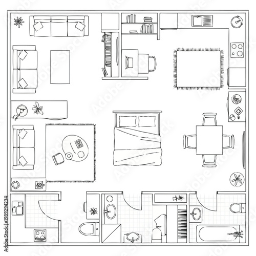 Comprehensive architectural drawing depicts a well designed living space layout showcasing multiple rooms including bedrooms bathrooms kitchen dining area and comfortable seating arrangements in