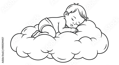 Sleeping baby resting peacefully on a fluffy cloud in a simple line drawing