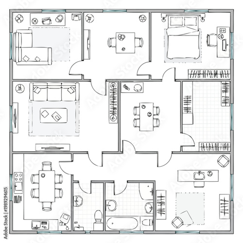 Detailed architectural hand drawing presentation of a spacious multi room dwelling layout showing living areas dining rooms bedrooms kitchen and bathroom facilities for property development and