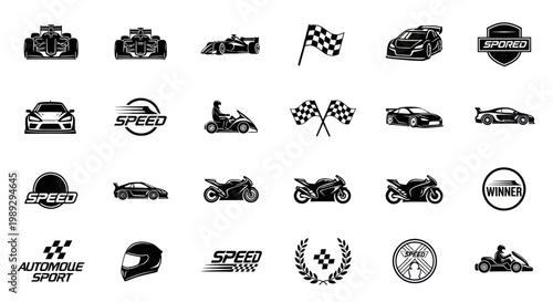 Automotive Sport Icons: Cars, Motorcycles, Racing, Speed, Winner Badges