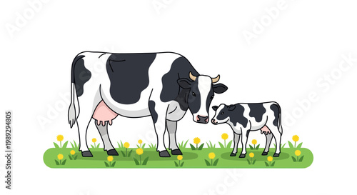 Mother Cow and Calf in Grassy Field with Dandelions, Cartoon Style