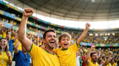 Excited father and son cheering for their team at a crowded sports stadium. Family bonding, sports fandom and victory celebration at a soccer match.