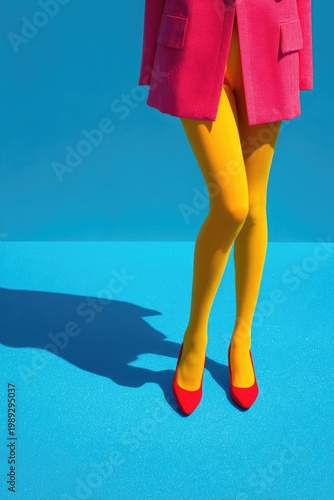 A vibrant and stylized image showcases a person in a bright pink blazer and yellow tights, posed against a striking blue background, creating a bold and modern aesthetic.