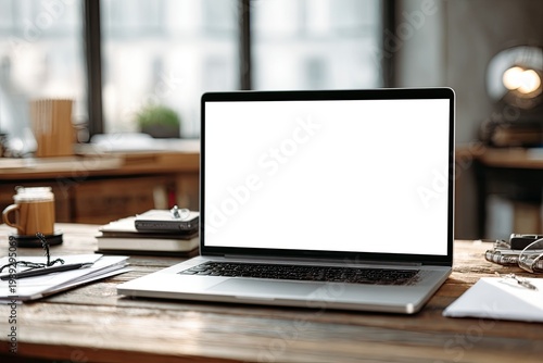 A modern laptop sits on a rustic wooden desk alongside a coffee mug, notebook, and pen, bathed in soft natural light from a nearby window, creating a productive workspace ambiance.