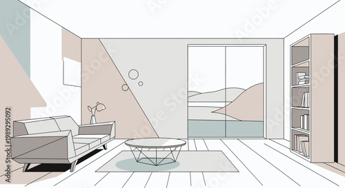 Stylish line art illustration of a modern minimalist living room interior with geometric patterns and scenic mountain lake view