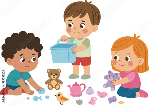Group of diverse happy children playing with toys together vector illustration for preschool kindergarten and early childhood development