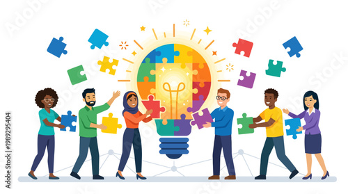 Diverse group of people assembling a bright, glowing lightbulb puzzle, symbolizing collaboration, innovation, and shared ideas for a brilliant concept