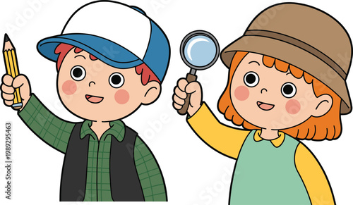 Cute cartoon boy and girl explorers holding pencil and magnifying glass vector illustration for education discovery and curiosity
