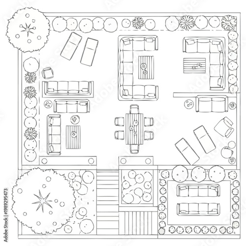 Aerial perspective architectural drawing showcases a spacious outdoor living area layout with seating arrangements and decorative foliage planning for landscape design and property development
