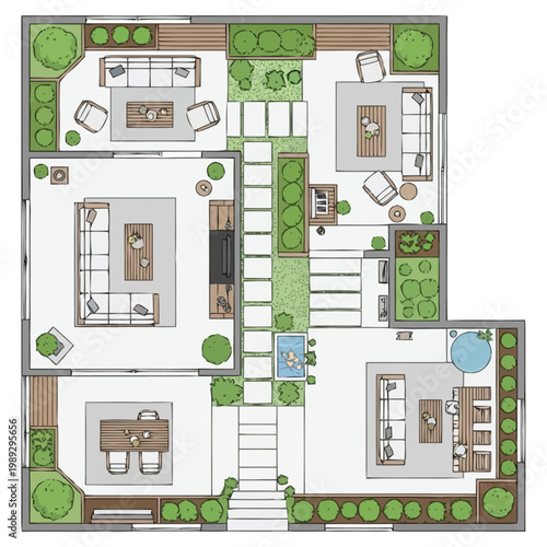 Birdseye view plan of a luxurious residential property showcasing outdoor living spaces with furniture seating areas sunken hot tub and lush garden landscaping elements ideal for architectural