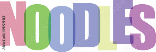 The word noodles is depicted with colorful overlapping letters isolated on a transparent background