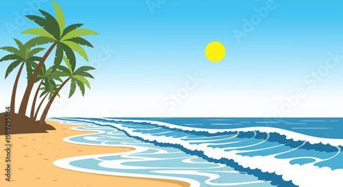 A tranquil tropical beach scene with palm trees and gentle ocean waves.
