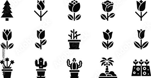 Black silhouette icons of various plants and flowers on a white background