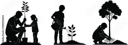 People Planting Tree Silhouettes Nature Conservation Ecology Concept