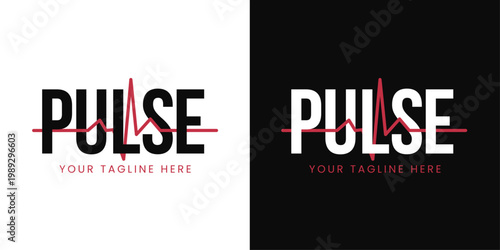 Professional Medical Pulse Logo Design with Heartbeat EKG Line Integrated into Bold Typography for Healthcare Fitness Centers and Cardiology Clinics in Red and Black Colour Options