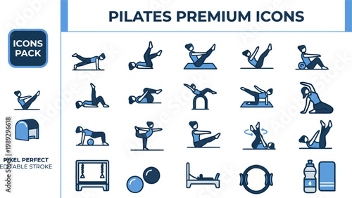 Pilates reformer machine and mat exercise pose solid blue icons