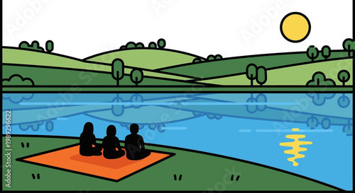 People meditating peacefully on a blanket by a calm lake