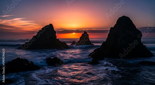 Dramatic ocean sunset, rugged rock formations, serene coastal landscape, warm colors