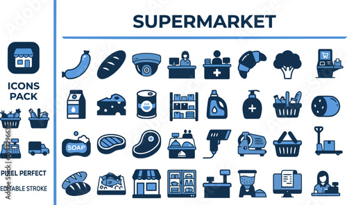 Grocery store interior shelves and retail equipment solid blue icons