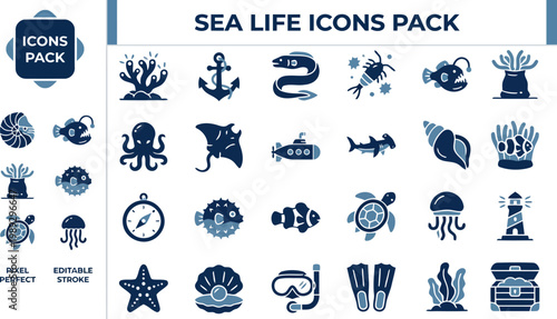 Submarine nautical navigation and scuba gear solid blue icons
