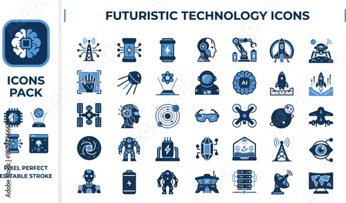 Futuristic technology AI robotics and virtual reality solid blue icons