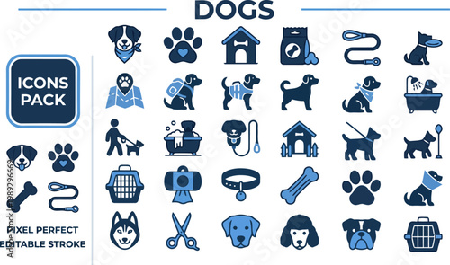 Dog walking pet training and veterinary care solid blue icons