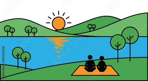 Couple meditating peacefully by a lake at sunset enjoying nature