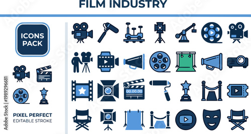 Film industry movie production and cinema solid blue vector icons