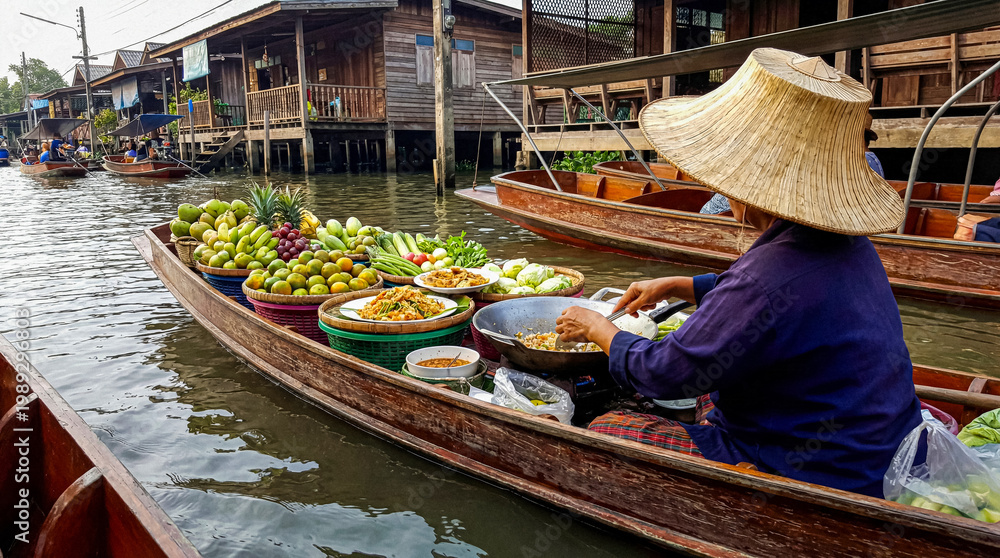 Obraz premium Woman in traditional hat cooking a meal on a boat in a vibrant floating market in Thailand.