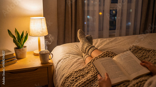 Foto Cozy evening scene of a person relaxing in bed with a book, warm lamp light, and a hot drink by the window at night