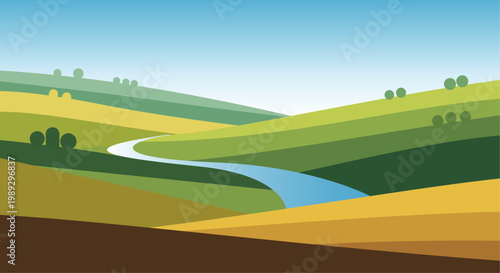 A stylized landscape illustration featuring rolling hills, a river, and trees.