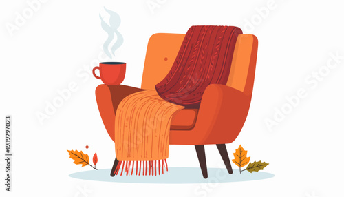 Cozy armchair with a warm blanket and a steaming mug of hot beverage, surrounded by autumn leaves, evoking comfort and seasonal relaxation