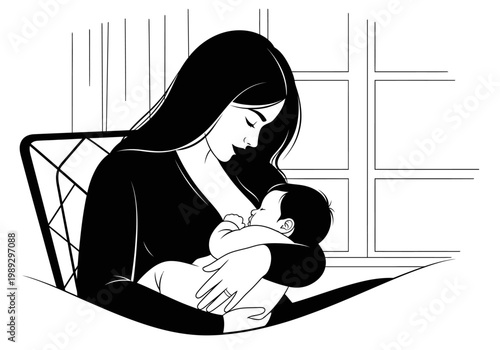 Minimalist Line Art Illustration of a Mother Breastfeeding her Newborn Baby