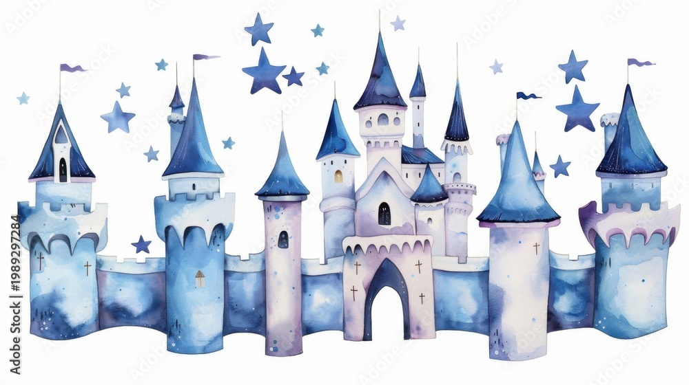 Obraz premium Enchanting Fairytale Castle with Blue Turrets and Stars Perfect for Children's Dreams and Fantasy Themes