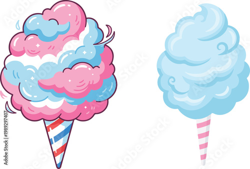 Playful vector illustration of swirled cotton candy in pink and blue on striped cones, featuring a dynamic and fluffy cartoon style for sweets and carnival-themed designs.