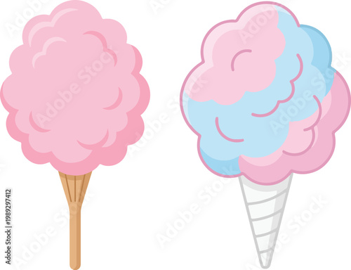 Cute vector illustration of fluffy cotton candy in pink and blue, shown on a stick and in a cone, perfect for sweets, carnival, and dessert-themed designs.