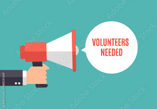 Hand holding megaphone with Volunteers Needed message in speech bubble. Recruitment and community service concept vector illustration.