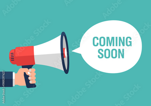 Hand holding megaphone with coming soon speech bubble announcement banner illustration. Perfect for marketing, product launches, and business teasers on social media.