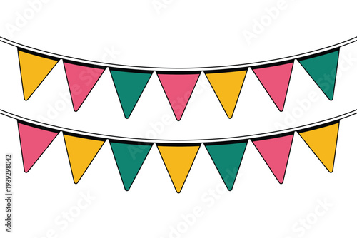 Bunting flags in vibrant colors hang in festive rows to decorate for a celebratory event venue.