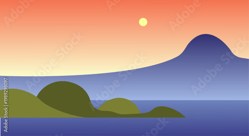 Minimalist landscape featuring rolling hills, a serene ocean, and a glowing sun.