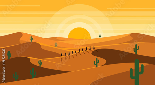 Desert caravan travels towards a vibrant setting sun over sand dunes