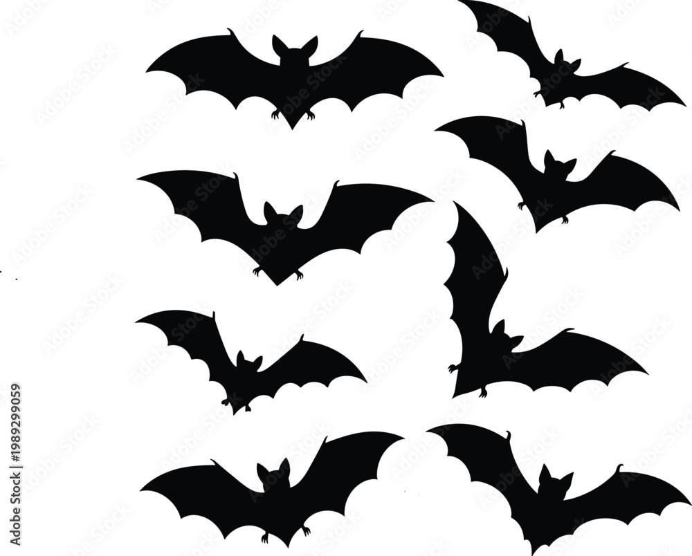 Fototapeta premium Bat Ghost Halloween Icons, Spooky Silhouette Design, Holiday Vector Set Spooky Silhouette Collection, Halloween Bat Ghost, Holiday Icon Vector Bundle