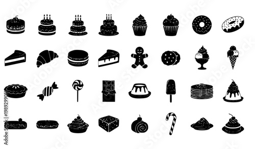Cake and dessert silhouette icon set black bakery sweets collection with cupcakes donuts pies and celebration cakes isolated on white