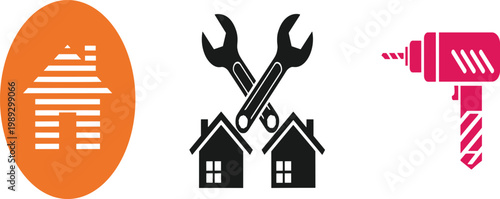 Home Repair and Renovation Icon Set with Tools, Wrench, Drill, and House Symbols for Construction and Maintenance Design