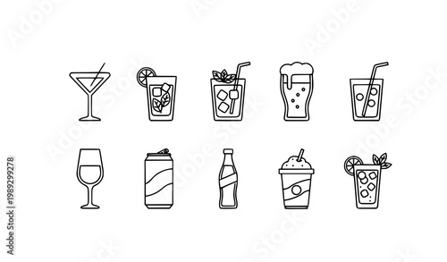 Thin line beverage and cocktail icons vector set in horizontal layout with drinks refreshment glasses and bar symbols