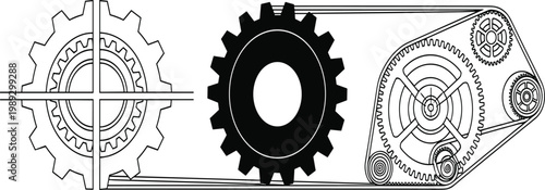 Mechanical Gear and Sprocket Chain Drive System Vector Illustration with Cog Wheel and Belt Pulley for Engineering and Industrial