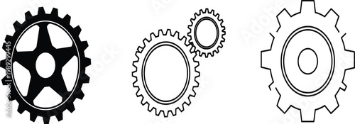 Mechanical Gear and Cog Wheel Icon Set in Black and White Outline Style for Engineering, Industry, and Technology Design Collection