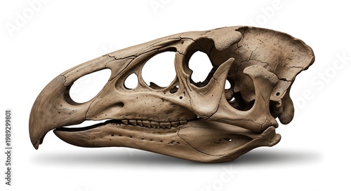 Close-up side view of a well-preserved fossilized dinosaur skull, showcasing intricate bone structure and ancient anatomy on a white background.