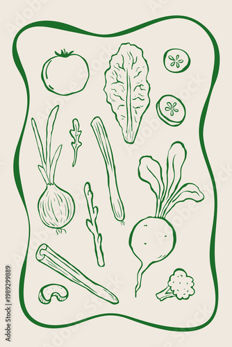 Vertical poster with hand drawn ink various vegetables in italian sketch style. Contour line elements and wavy frame in white green colors. Template for card, invitation, label, background, cover