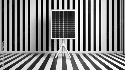 A solar panel on a tripod stands in a room with bold black-and-white vertical stripes on the walls and floor, creating a striking optical illusion.